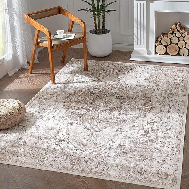 jinchan Area Rug 8x10 Persian Rug Entryway Vintage Rug Kitchen Floor Cover Traditional Rug Foldable Thin Rug Taupe Multi Distressed Floral Print Indoor Mat for Bathroom Doormat Bedroom Living Room