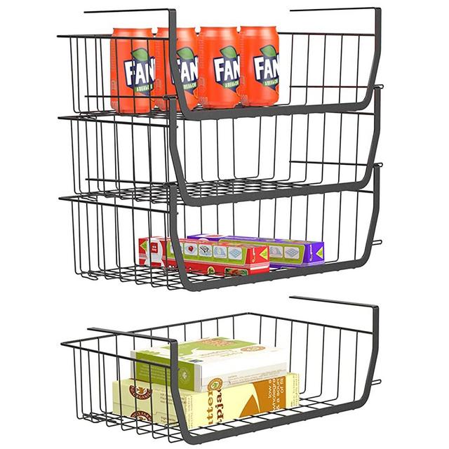 Stackable Under Shelf Basket, iSPECLE Stackable Wire Storage Basket 4 Pack Save Space Hanging Baskets for Storage Pantry Organization, Easy to Install