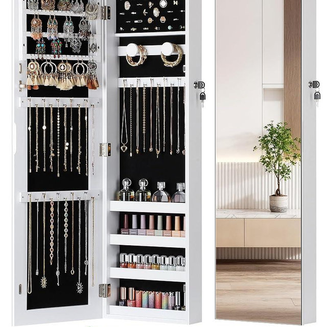Nicetree Jewelry Cabinet Armoire, Hanging Jewelry Organizers and Storage, Lockable Jewelry Cabinet with Full-Length Mirror, Wall or Door Mount Jewelry Mirror Cabinet, Shelves, Polishing Cloth