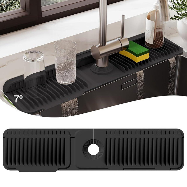24 Inch Silicone Faucet Mat for Kitchen Sink Splash Guard – 2025 Upgraded Draining Mat with Water Tray Behind Faucet – Countertop Protectors to Catch Spills (Black, 24" x 5.5" )