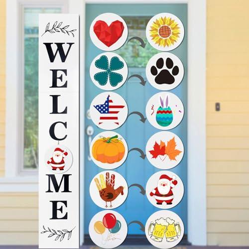Lotkey Seasonal Welcome Sign for Front Door, 47 x 7.9 Inch Welcome Sign with 12 Wooden Icons (6 Double-sided Disks) Porch Decor for Summer Fall Thanksgiving Christmas Party Outdoor Sign (White)