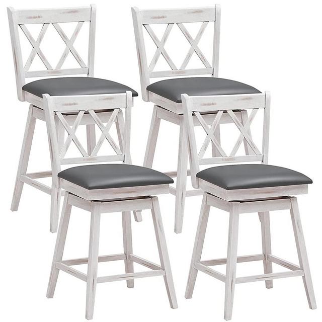 COSTWAY Bar Stool Set of 4, 360 °Swivel Counter Height 25inch Bar Stool with Foot Rest Upholstered Cushion & Ergonomic Backrest, Sturdy Frame, for Pub, Restaurant, Home (4, White + Grey)