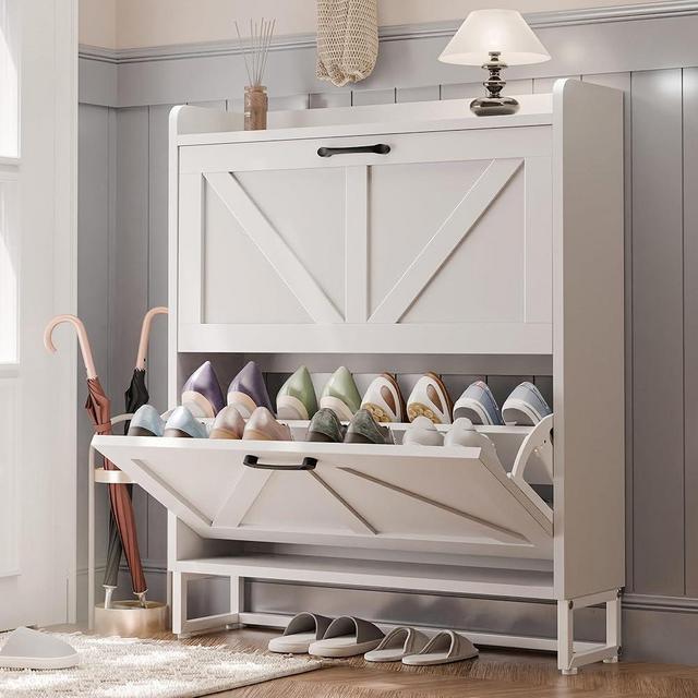 MU Shoe Storage Cabinet for Entryway, Hidden Shoe Cabinet with 2 Flip Drawers, Narrow Shoe Organizer Shoe Rack Cabinet with Metal Legs, White