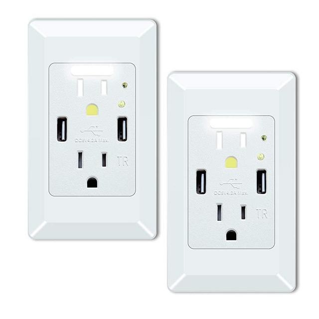 GREENCYCLE High Speed USB Charger Wall Outlet,15-Amp Duplex Receptacle,2 USB Charging Ports 4.2A and 2 Electrical AC Outlets, with Power-saving Auto Mini Nightlight and Wall Plates (White, 2 Pack)