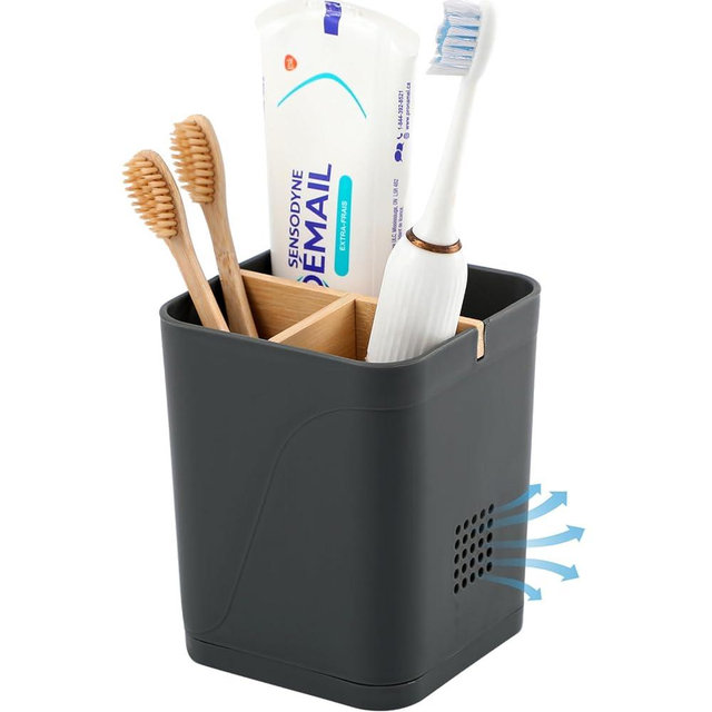 Electric Toothbrush Holder 3 Slots Tooth Brushing Holder with Bamboo Dividers for Bathrooms, Plastic Toothbrush and Toothpaste Organizer for Shower, Countertop, Vanity, Cool Grey