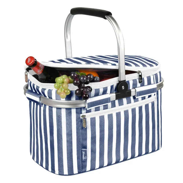 Tirrinia Large Insulated Picnic Basket, 34L Water Resistant & Leakproof Collapsible Portable Cooler Basket Set, Dark Blue Strip