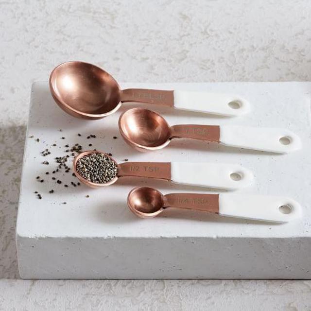 Copper + Enamel Measuring Spoons, Set of 4, White/Copper