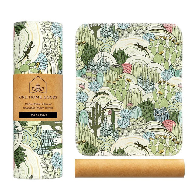 Kind Home Goods Reusable Cloth Towels - 12' x 10' Cotton Flannel Kitchen Cloth - 24 Count - Cactus