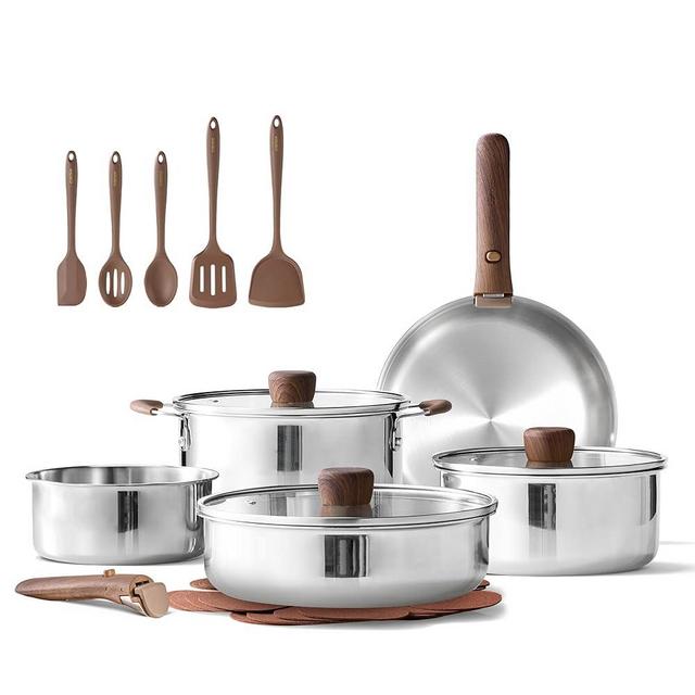 CAROTE 19pcs Stainless Steel Cookware Set with Detachable Handle, Pots and Pans Set, Induction Kitchen Cooking Sets, RV/Camping Cookware, Removable Handle, Oven Safe, Woodgrain