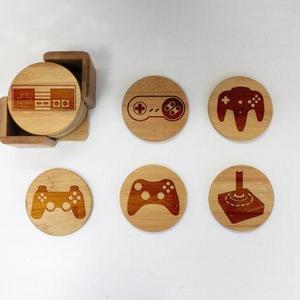 Coasters, Round or Square Coaster Set, Engraved Bamboo Wood Coasters, Video Game Gamer Geek Lover Housewarming Gift 6pc Set --22060-CST1-001