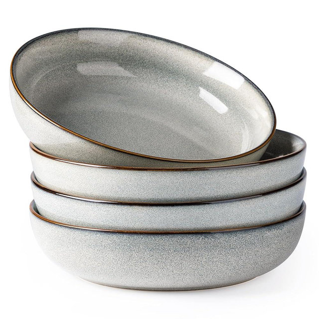 GBHOME 9'' Large Ceramic Pasta Bowls, 38oz Stoneware Pasta Serving Bowls Set of 4 for Kitchen, Wide Bowls for Fruit,Pasta,Salad,Oatmeal,Meal, Microwave Safe, Reactive Glaze-Green Wheat