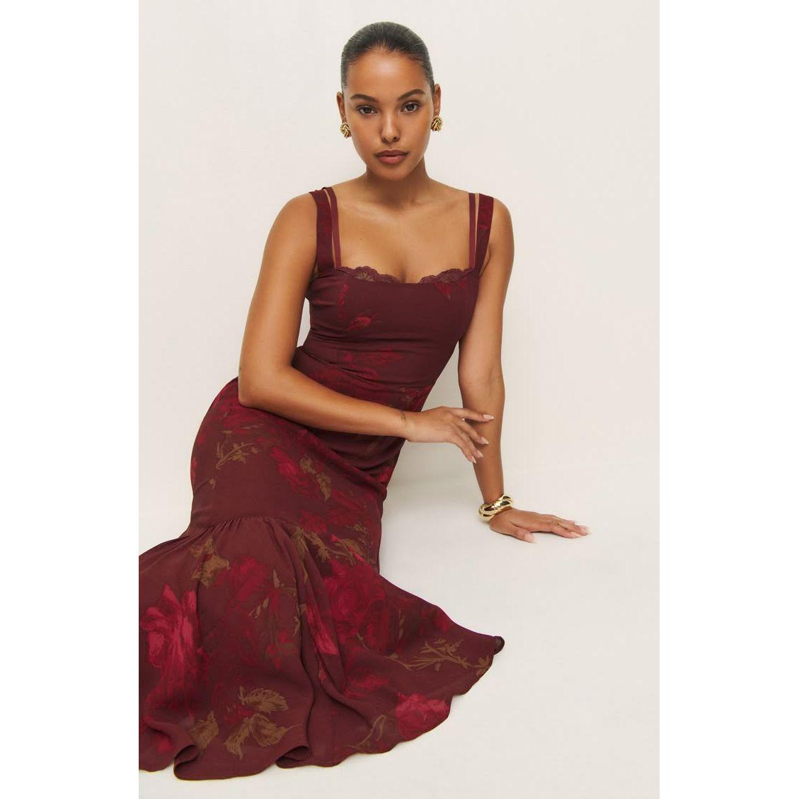 Reformation Irisa Floral Trumpet Dress in Barcelona Border