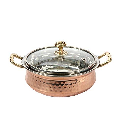 Indian Hammered Copper Serving Bowl for Food Soup with Handle and Glass Lid Decorative Small Seveware - Aheli