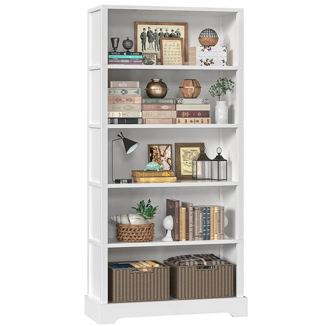TVU 5-Tier Wooden Book Shelf, 65" Tall Bookshelf with Storage, Floor-Standing Display Bookcase, Farmhouse Style Bookshelf with Arched Base, Suitable for Living Room, Study, Office, White