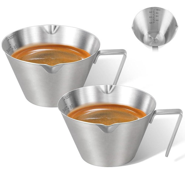 carrottimes 2 Pcs Espresso Cups with Handle, Stainless Steel, Double Spout Metal Measuring Cup with Dual Scale, Espresso Shot Cup with V-Shaped Mouth, 3.4oz/100ml(Silver)