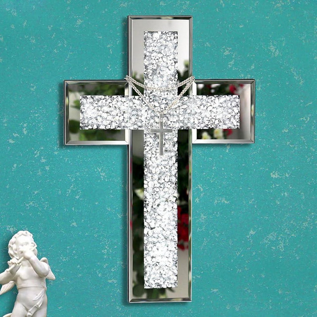GIMORRTO Mirrored Cross Wall Decor, Crushed Diamond Crystal Glass, Religious Wall Art (Small)