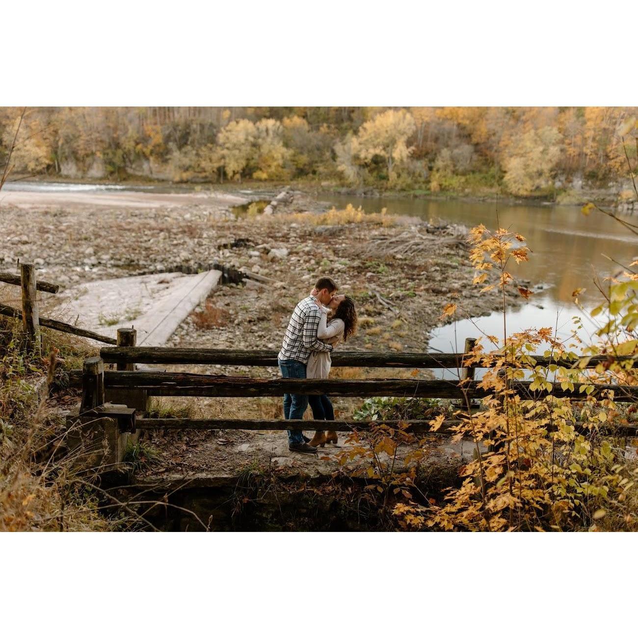 Our engagement pictures were taken at Palisade State Park at sunrise on a chilly morning in the 30s. The only one not cold was Duke.