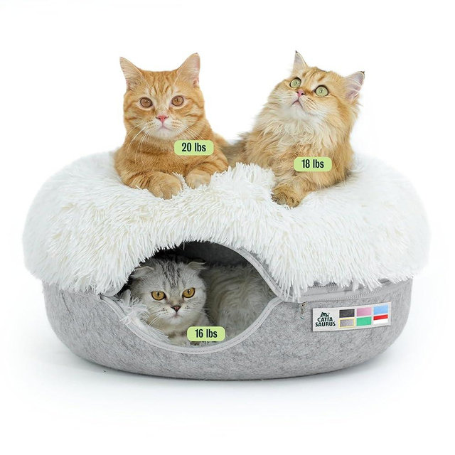 CATTASAURUS Peekaboo Cat Cave for Multiple & Large Cats Up to 30-45 Lbs, Fluffy Cat Beds for Indoor Cats, Scratch Detachable & Washable Tunnel Bed, Comfy Donut Cave (Light Gray, Large (Calming))
