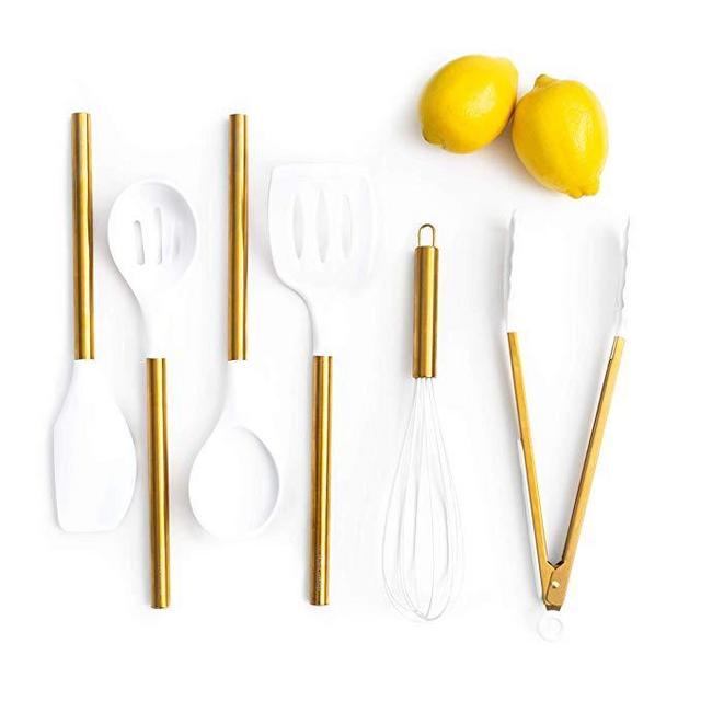 White Silicone and Gold Cooking Utensils