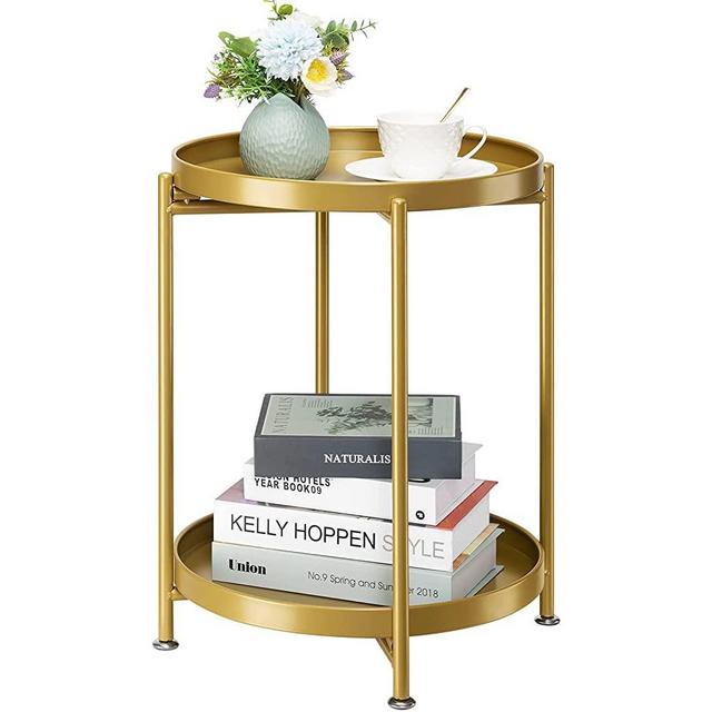 danpinera 2-Tier Round Side Table, Metal End Table with Removable Tray, Small Outdoor Table Folding Accent Table, Anti-Rust Gold Nightstand for Bedroom Balcony Patio (Gold)