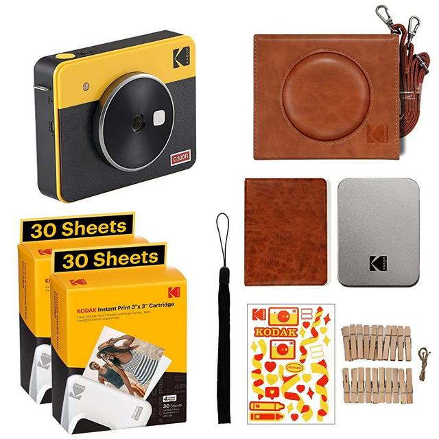Kodak Mini Shot 3 Retro Accessory Gift Bundle 3x3 2-in-1 Instant Camera & Photo Printer, Compatible with iOS, Android & Bluetooth, Real Photo HD, 4PASS Technology & Laminated Finish – Yellow