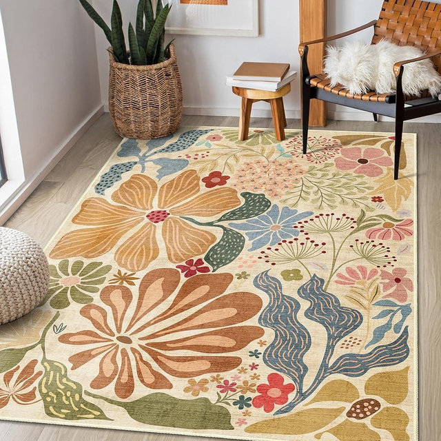 MUJOO 3x5 Washable Rugs,Floral Large Area Rug for Entryway Kitchen Foyer,Small Throw Carpet for Bedroom Bedside Office Indoor Non Slip Boho Modern Abstract Botanical Flower Beige