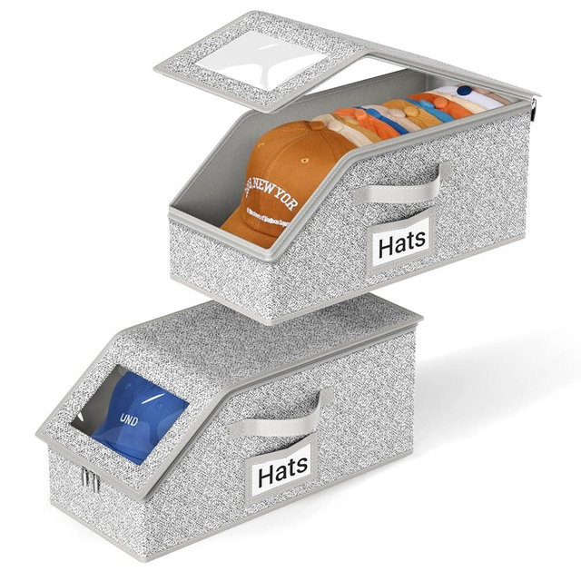 AOODA 2 PCS Stackable Hat Storage for Baseball Caps, Holds up to 24 Caps Hat Organizer for Closet, Sturdy Snapback Boxes for Men with Cardboard, Grey