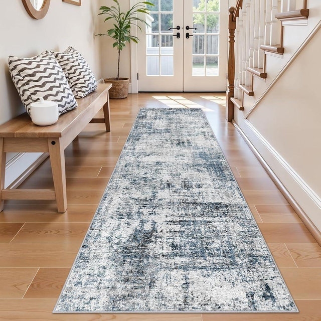 BYYVOO Washable 2x8 Runner Rug: Modern Abstract Non Slip Low Pile Carpet Runners for Hallway Entryway Bedroom - Soft Stain Resistant Easy Clean Throw Door Mat for Home Decor (Blue 2x8)