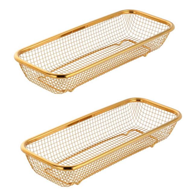 BYEGOU Gold Kitchen Drawer Organizer, Stackable Mesh Storage Baskets, Stainless Steel Silverware Organizer for Holding Knife Fork Spoon, 12.5"x5"x2.5", Pack of 2