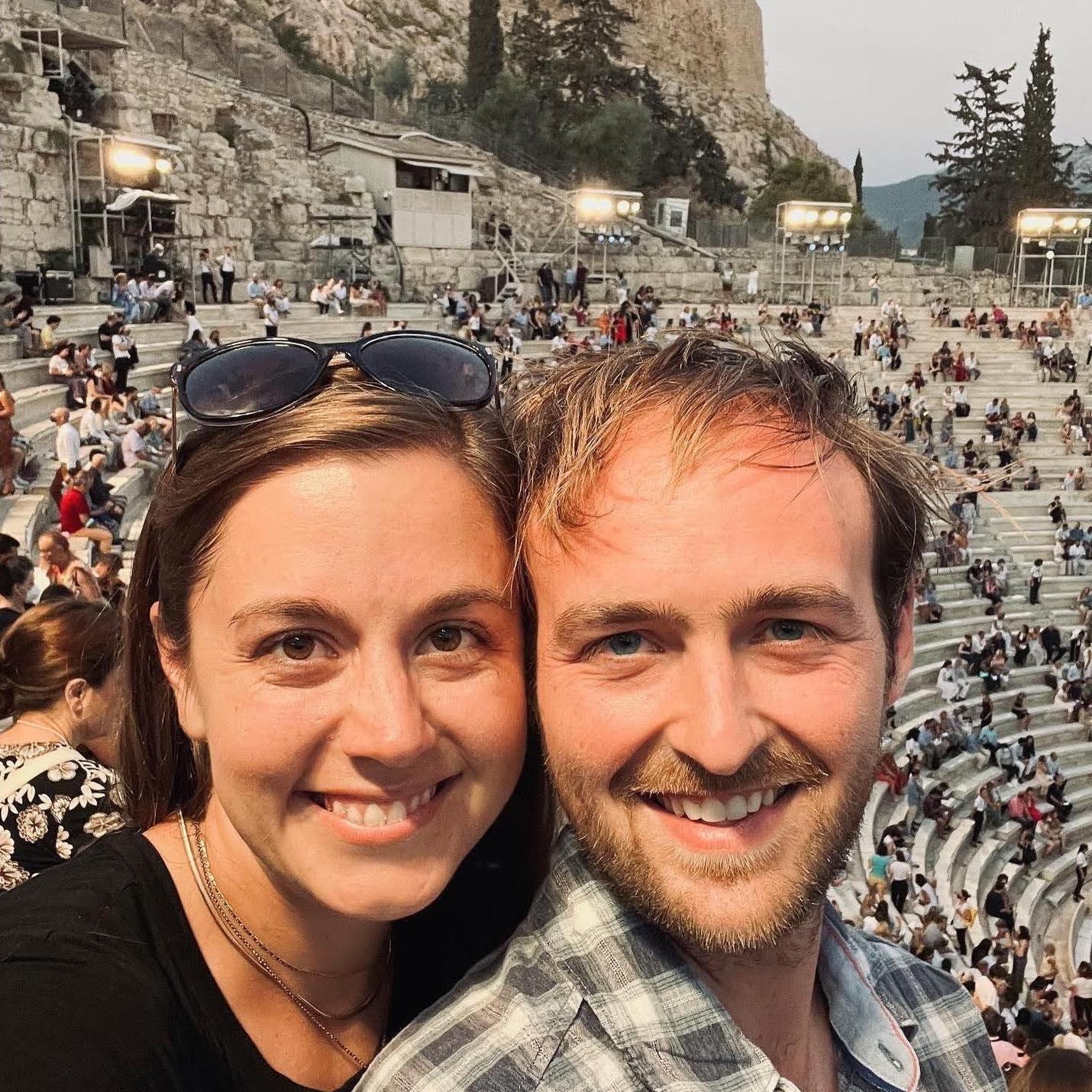 Attending the opera at the Roman Amphitheater in Athens. Very cool experience! Very hot day.