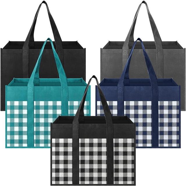 StorMiracle Reusable Grocery Bags 5-Pack, Large Foldable Reusable Shopping Tote Bags Bulk for Groceries, Waterproof Kitchen Cloth Produce Bags with Long Handles,Lightweight-Plaid Style D