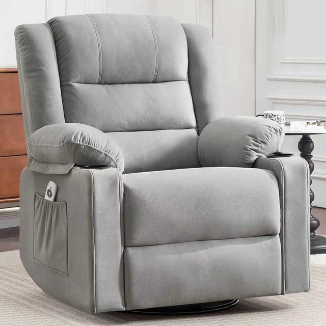 Ketaiyou Rocker Swivel Recliner Chair for Adults, Overstuffed Large Manual Recliner Glider with Massage and Heat, Comfy Soft Fabric Living Room Reclining Sofa Chair (L Grey)