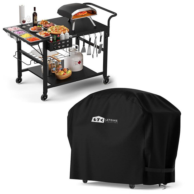 Leteuke Pizza Oven Grill Table and Table Cover for Blackstone Griddle, Outdoor Pizza Oven Stand Fits Ninja, Cuisinart, Gozney, Solo Stove, BBQ Prep Tables Station