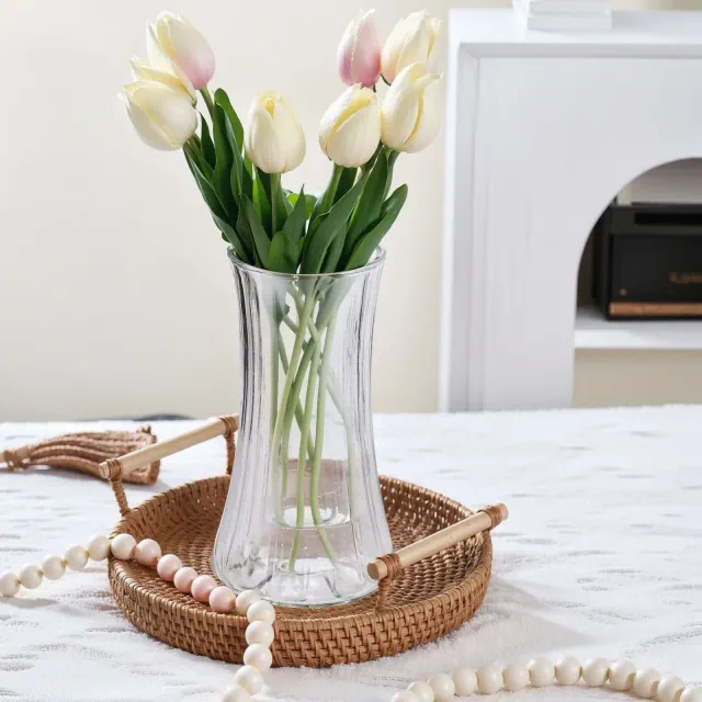 VECELO Flared Clear Ribbed Glass Decorative Vase, Tabletop Centerpiece