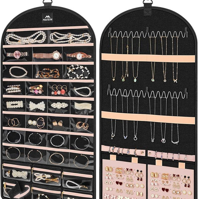MATEIN Hanging Jewelry Organizer with Removable Zipper Jewelry Pouches, Tangle-Free Necklace Hanger for Closet with Metal Hook, Over the Door Earring Storage Bracelet Ring Holder
