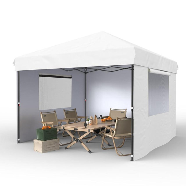 10x10 Pop Up Canopy with Removable 3 Sidewalls - Easy Up Camping Tent with One Button Push Setup - 1 Roller Bag, 3 Adjustable Height, 4 Weight Bags for Deck, Garden, Sports, Beach, Party - White
