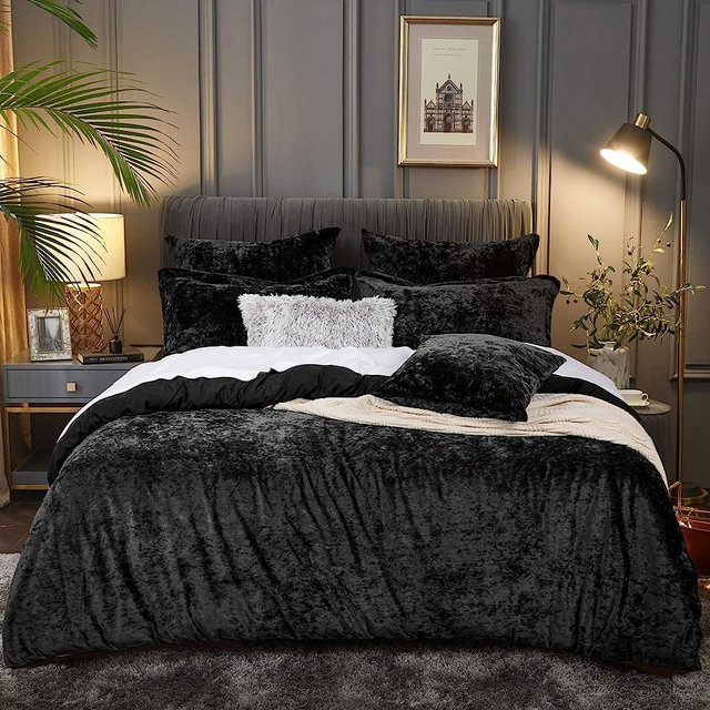 PHF Truly Velvet Duvet Cover Set Queen Size, 3pcs Ultra Soft Breathable Comforter Cover Set, Luxury Cozy Flannel Duvet Cover with Pillow Shams Bedding Collection, 90" x 90", Black