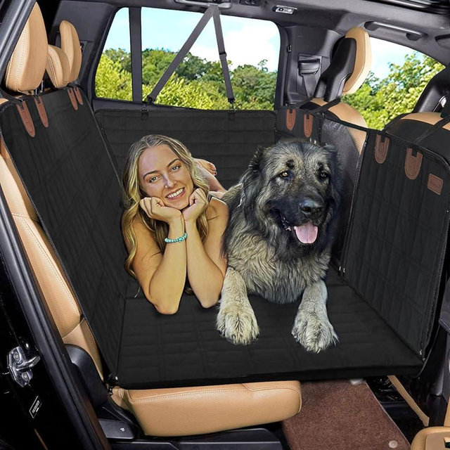 Backseat Extender for Dogs - Waterproof Back Seat Bridge for Cars, Trucks, SUVs and Sedans - Seat Extender with Mesh Window and Storage Pockets - Dog Rear Car Seat Platform (Black - with Door Covers)