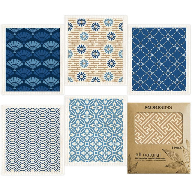 Morigins Wholesale Swedish Dish Cloths - 6 Pack Reusable Compostable Kitchen Cloth,Cellulose Sponge Dish Cloths Dish Towel Set (Japanese)