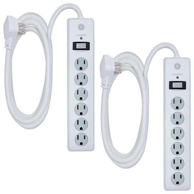 GE, White, 6 Outlet Surge Protector 2 Pack, 10 Ft Extension Cord, Power Strip, 800 Joules, Flat Plug, Twist-to-Close Safety Covers, 46862-1