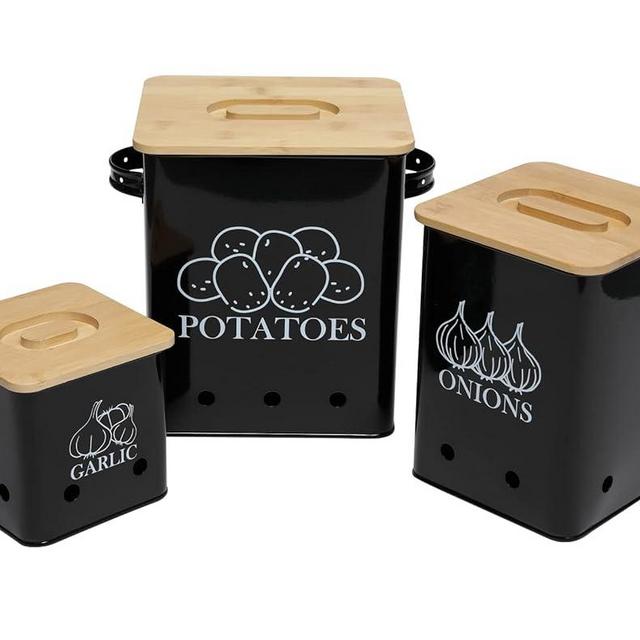 Gdfjiy Kitchen Canisters Set, Storage Bin for Potato Onion & Garlic, 3 Pack Set Countertop Pots Containers with Wooden Lid - Potato Storage, Garlic Bin, Onion Keeper Tin with Aerating Holes-Black