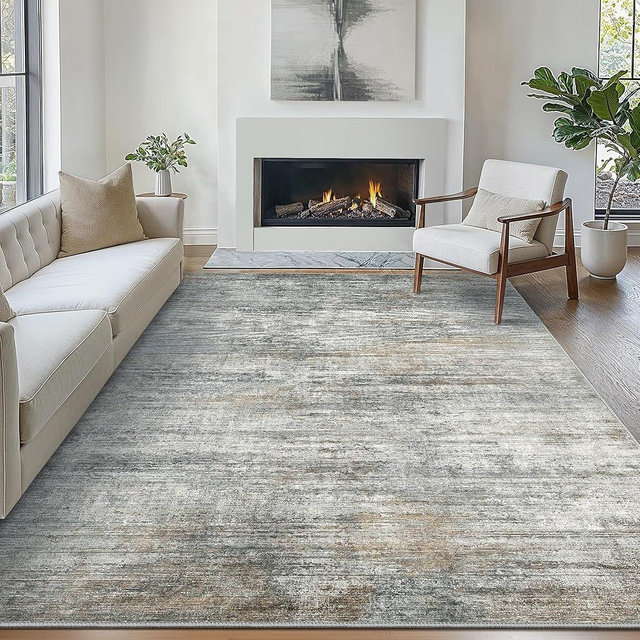 Bavni 9X12 Area Rug, Abstract Modern Living Room Rug, Large Machine Washable Rug Non-Slip, Soft Low Pile Rugs for Bedroom, Playroom, Dining Room, Granite Gray