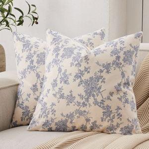 100% Cotton French Pastoral Throw Pillow Covers Set of 2, 18x18 Inch Blue Farmhouse Decorative Cushion Covers for Sofa Bed Living Room Home Decor