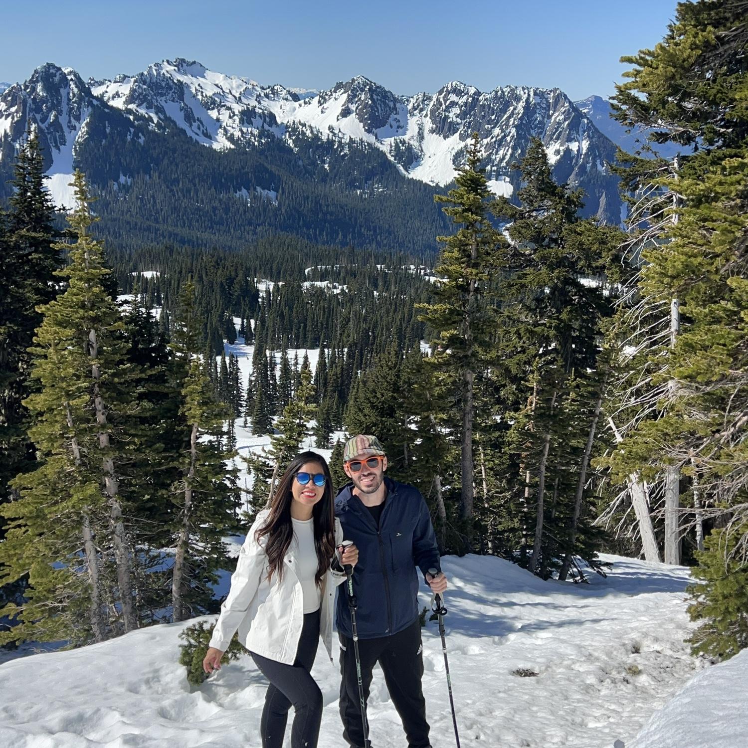 Birthday trip 2025- Snowshoes are recommended for hiking Mt. Rainier in April!