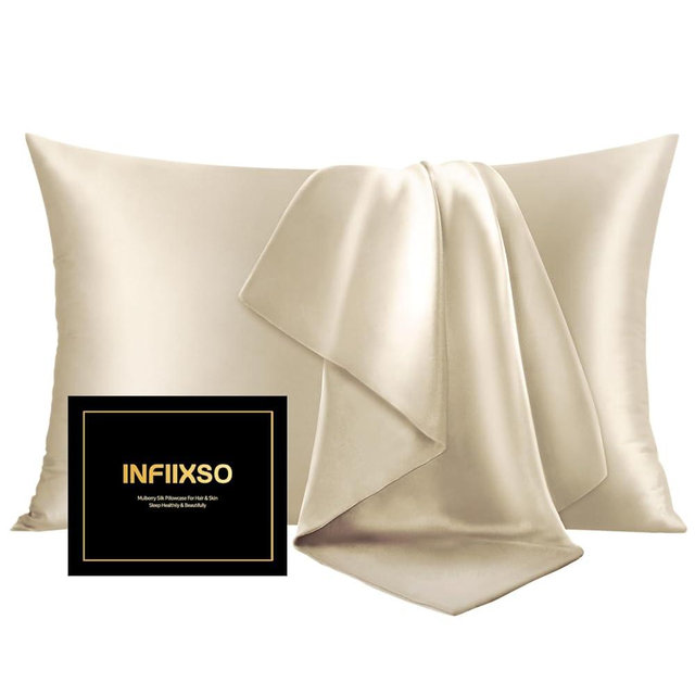 INFIIXSO Mulberry Silk Pillowcase for Hair and Skin, Silk Pillow Cases Standard Size Set of 2 with Hidden Zipper 20x26 Inches, Ultra Smooth and Soft Cooling Pillow Cases for Hot Sleepers(Beige,2 Pack)