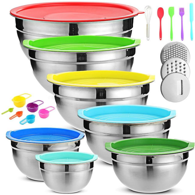 Mixing Bowls with Lids Set, 7PCS Mixing Bowls for Baking Cooking Prepping & Food Storage, Stainless Steel Mixing Bowls Multi-Color, Includes Measuring Cups Spoon brush whisk and Bowls for Kitchen