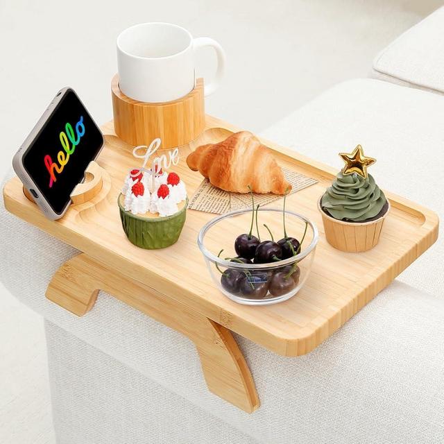 Linsongmax Couch Cup Holder Armrest Large Sofa Arm Tray Couch Table with Swappable 360°Rotated Cup Mug & Phone Holder,15.36x9.85inch Bamboo