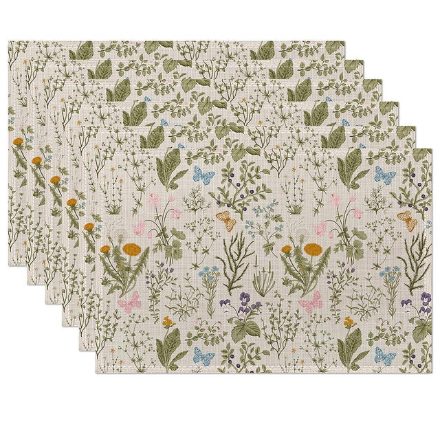Wildflowers Placemats Set of 6,Vintage Garden Plants Herb Flower Botanical Table Mats Non-Slip Heat Resistant Washable Placemat for Party Kitchen Dining Table Decoration Indoor Outdoor