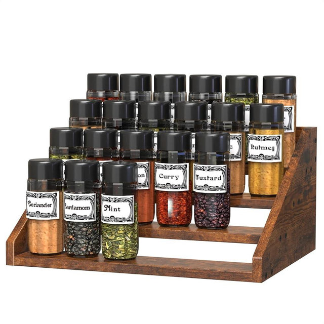 4 Step Spice Rack Organizer for Cabinet, Robust Wooden Display Riser Shelf Seasoning Organizer for Countertop Cupboard Pantry, Condiment Jar Kitchen Storage Holder Super Sturdy Stand, Rusitc Brown