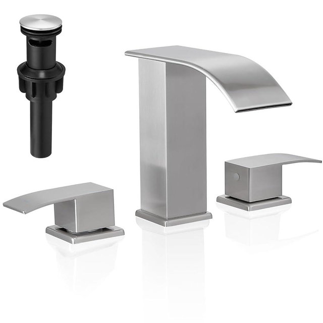 GENBONS Waterfall Bathroom Faucets 3 Hole Brushed Nickel, 8 Inch Widespread Bathroom Sink Faucet with Pop-up Drain, Modern 2-Handles Faucet for Bathroom Sink Bathtubs Vanity RV Farmhouse Sink